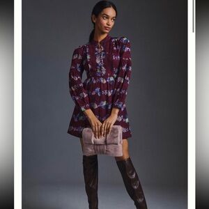 Anthropologie Maroon Floral Long Sleeve Dress